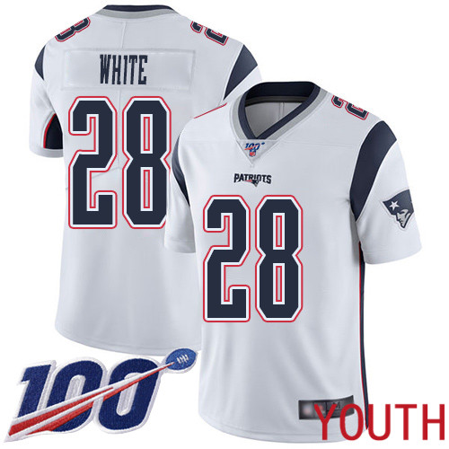 New England Patriots Football #28 Vapor Untouchable 100th Season Limited White Youth James White Road NFL Jersey